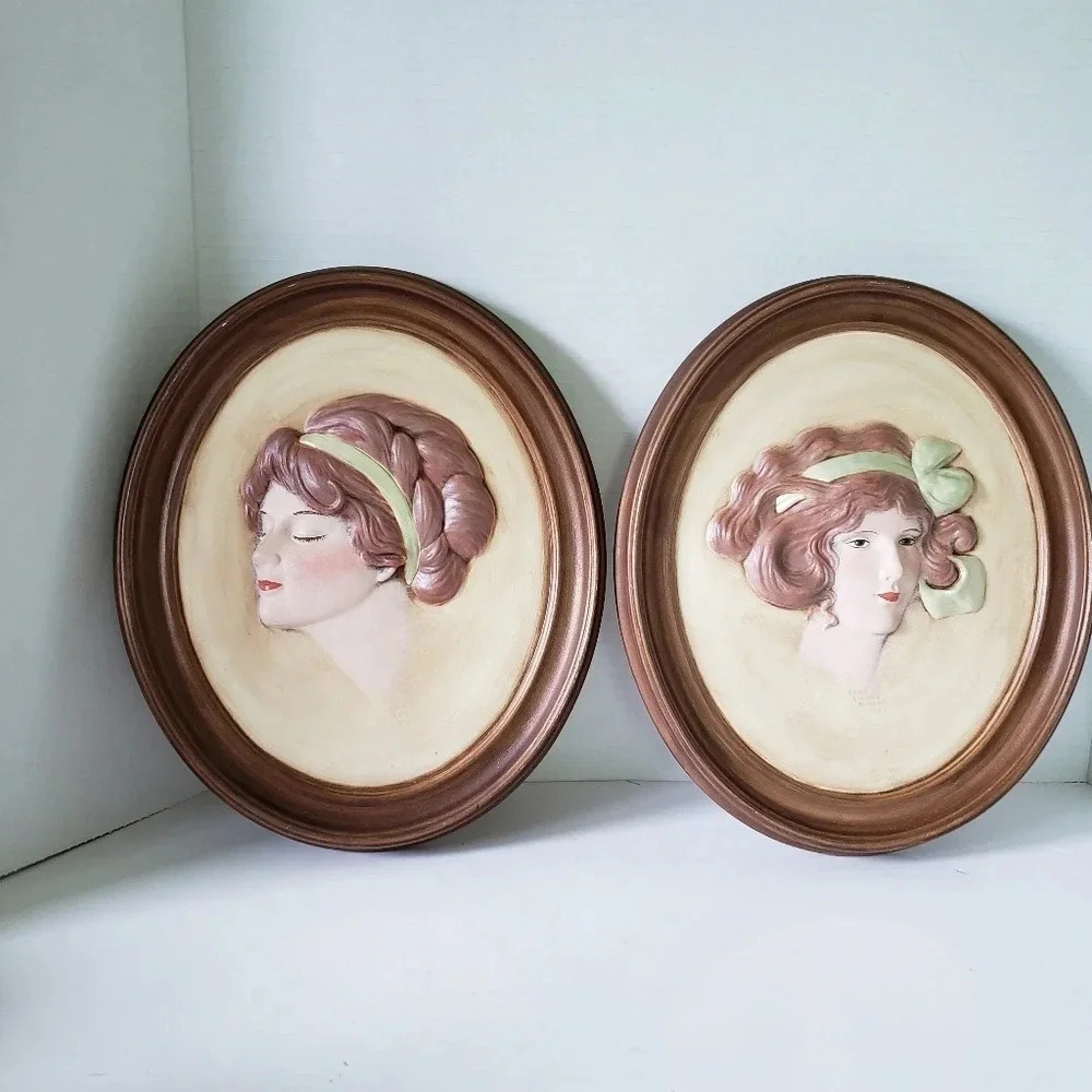 Vintage Set of 2 1975 Duncan Ceramics Cameo Lady Faces  Wall Plaques.